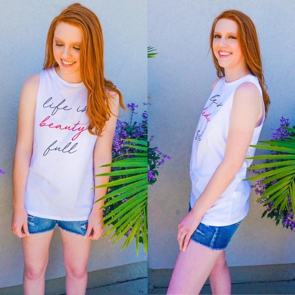 Beauty Elixir Sleeveless Shirt White Tank Graphic Tee ALL SIZES! NWT - Picture 2 of 6